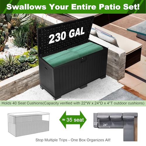230 Gallon Outdoor Storage Box, Waterproof Extra Large Resin Deck Box with Lockable Lid for Patio, Pool Equipment, and Cushions, Black - color: Black(230 Gal)