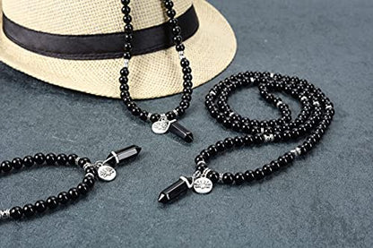 Jovivi 108 Mala Beads Bracelet 8mm Natural Amethyst Rose Quartz Healing Crystal Stone Mala Prayer Bead Necklace Hexagonal Prism Gemstone Reiki Pointed Pendant for Yoga Meditation Energy Balancing - color: Black Obsidian Crystal