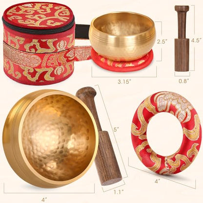 2-Pack Tibetan Singing Bowls Set - 100% Handmade in Nepal, Sound Bowl Meditation Set for Yoga, Chakra Healing, Meditation Gifts, Unique Gifts for Women - color: Red