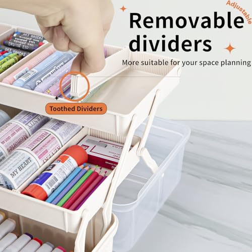 TERGOO 12.5in 3-Layer Multipurpose Craft Organizers and Storage with Adjustable Dividers, Portable Tackle Box, Folding Art & Craft Case for Medicine, Tool, Sewing Organizer (White)