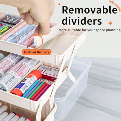 TERGOO 12.5in 3-Layer Multipurpose Craft Organizers and Storage with Adjustable Dividers, Portable Tackle Box, Folding Art & Craft Case for Medicine, Tool, Sewing Organizer (White)