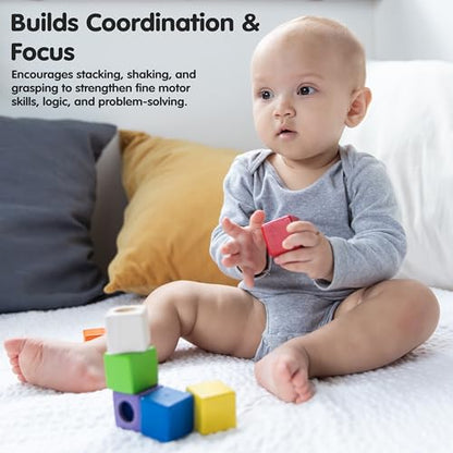 PlanToys® Sensory Activity Blocks for Toddlers – 9-Piece Set with Visual, Auditory & Tactile Stimuli – Montessori Toy with Storage Bag – Wooden Learning Toy for Babies & Kids Ages 12 Months+