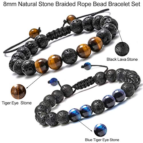 M MOOHAM Fathers Day Gift Mens Bracelet - Beaded Natural Stone 8mm Tiger Eye Matte Agate Lava Rock Bracelets for Men Teen Boys Grandpa Dad Birthday Gifts Jewelry - style: "Lava Rock&Yellow Blue Tiger Eye Bracelets