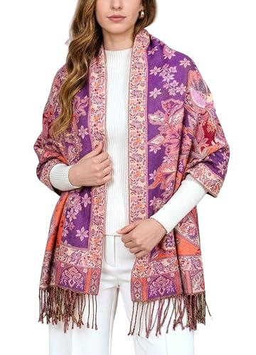 Achillea Elegant Paisley Floral Pashmina Shawl and Wrap – Boho Rave Scarf for Festival, Travel & Everyday Wear - color: Purple Red