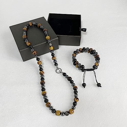 Men Tiger Eye Beaded Necklace Triple Protection Bracelet Jewelry Sets Hematite Black Obsidian Healing Crystal Stone Chakra Necklace for Women