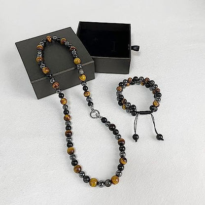 Men Tiger Eye Beaded Necklace Triple Protection Bracelet Jewelry Sets Hematite Black Obsidian Healing Crystal Stone Chakra Necklace for Women