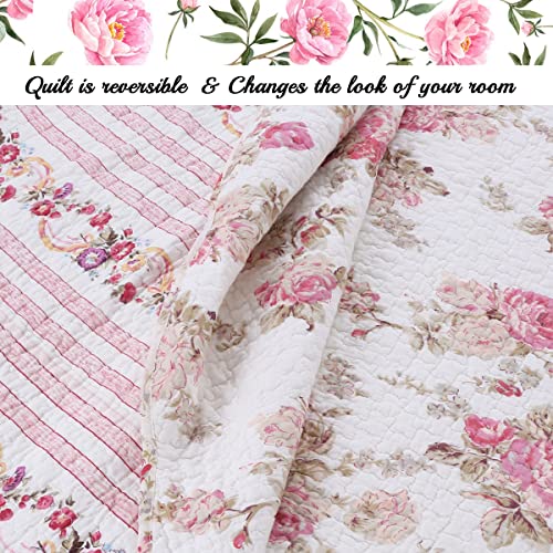 Cozy Line Home Fashions Romantic Pink Peony Floral 100% Cotton Reversible Quilt Bedding Set, Coverlet, Bedspread (Pink Peony, King - 3 Piece) - color: Pink Peony, size: King