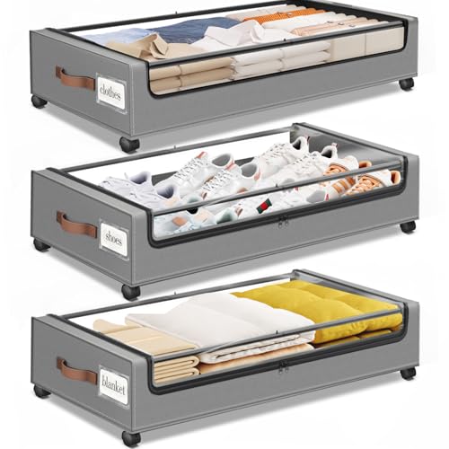 SpaceHacks Under Bed Storage with Wheels 3Pack Underbed Storage with Clear Window&Label Under Bed Drawers Large Capacity Rolling Under Bed Storage for Clothes,Shoes, Blankets (Light Grey) - color: Light Grey, size: 3 pack