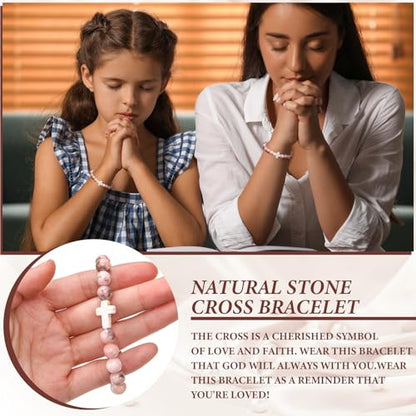 12 Set Christian Cross Bracelets Bulk Religious Cross Beaded Bracelet for Women Men 12 Natural Beaded Stuff Inspirational Cards Envelope Christian Jewelry Faith Gift (Classic Style,Pink) - color: Pink, size: Classic Style