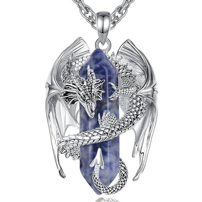 INFUSEU Unique Dragon Necklaces with Healing Crystal Stone for Men Women, Personalized Spiritual Gifts, 24 Inch Chain - color: Blue