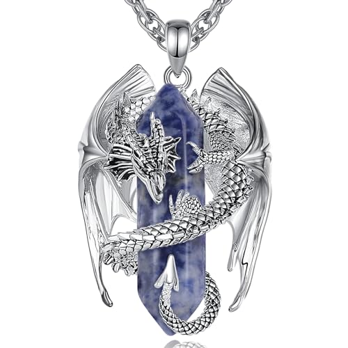 INFUSEU Unique Dragon Necklaces with Healing Crystal Stone for Men Women, Personalized Spiritual Gifts, 24 Inch Chain - color: Blue