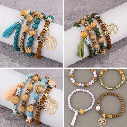 Stackable Stretch Bracelets for Women Tree of Life Bead Bracelet Boho Jewelry - color: 1-Tree-Deep Blue