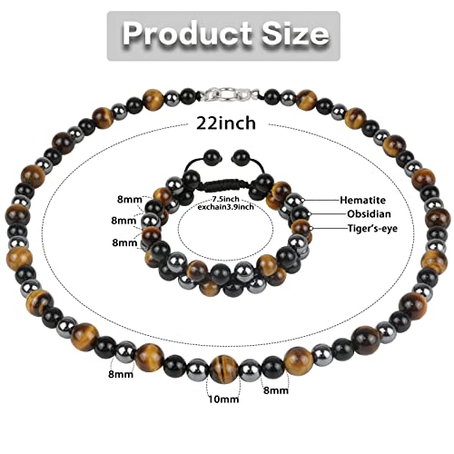 Men Tiger Eye Beaded Necklace Triple Protection Bracelet Jewelry Sets Hematite Black Obsidian Healing Crystal Stone Chakra Necklace for Women