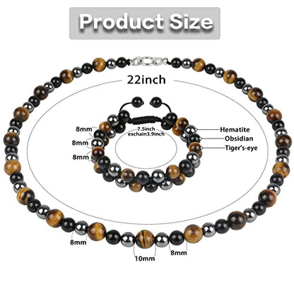 Men Tiger Eye Beaded Necklace Triple Protection Bracelet Jewelry Sets Hematite Black Obsidian Healing Crystal Stone Chakra Necklace for Women