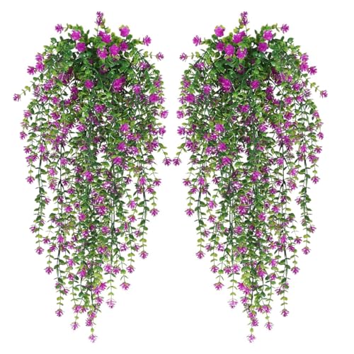 WEISPARK Artificial Hanging Flowers, 4pcs Fake Eucalyptus Vine Faux Flower Greenery Garland Plastic Plants for Indoor Outdoor Wall Garden Wedding Home Party Decor (4pcs Fuchsia) - color: Fuchsia-4pcs