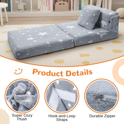 MeMoreCool Kids Tri-Fold Sofa Bed – Glow Star Floor Mattress & Foldable Futon Chair Convertible Toddler Couch | Soft Plush Lounge Mat | Playroom Furniture | Includes Pillow - color: Star