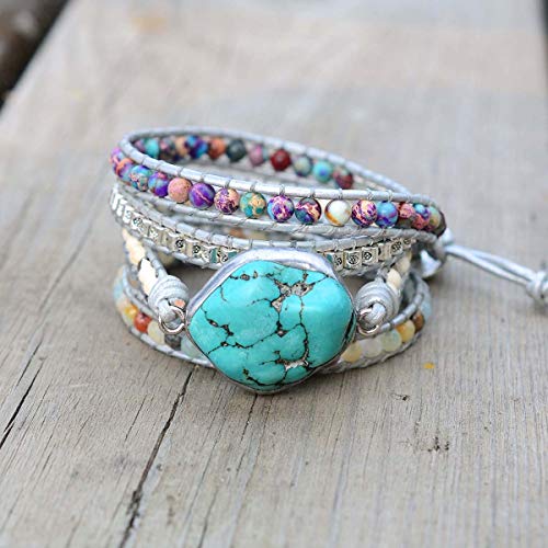 Boho Wrap Bracelet for Women, Handmade Natural Imperial Jasper Multi-Layer Stone Beaded Bracelet, Bohemian Healing Crystal Stone Jewelry Gifts - color: Turquoises