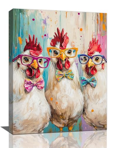 Olivine Rooster Wall Art, Funny Chicken Pictures Wall Decor, Colorful Graffiti Painting Farmhouse Roosters Canvas Prints, Framed Artwork for Bathroom Bedroom Living Room Office Home Decoration 16"x12" - color: Funny Rooster, size: 16"L x 12"W