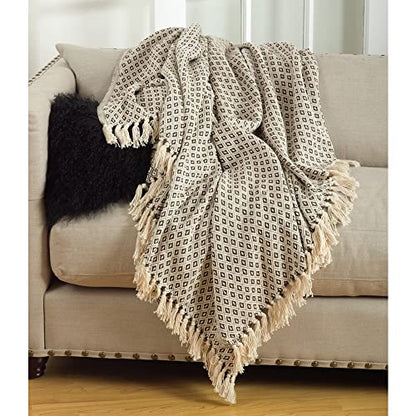 SARO LIFESTYLE TH263.N5060 Sevan Collection Soft Cotton Diamond Weave Throw Blanket, Natural, 50"x60"