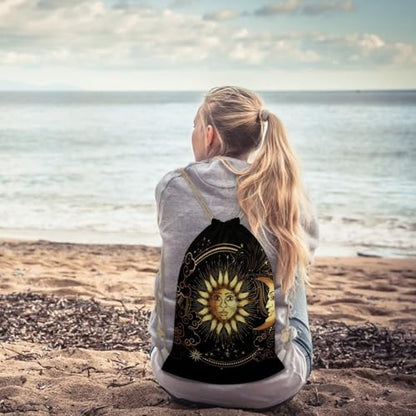 Sun Crescent Moon Stars Astrology Tarot Cards Portable Canvas Drawstring Backpack with Drawstring Pockets 35x50cm - color: Sun Crescent Moon Stars Astrology Tarot Cards, size: 35x50cm