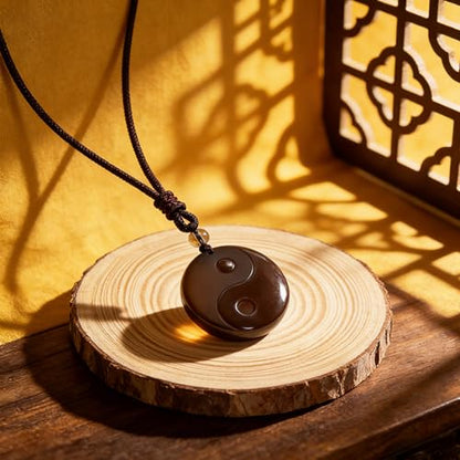 Black Obsidian Yin Yang Necklace for Men Women, Tai Chi Pendant Obsidian Balance Necklace for Releasing Negativity, Talisman Spiritual Healing Jewelry for Protection Amulet - color: Brown