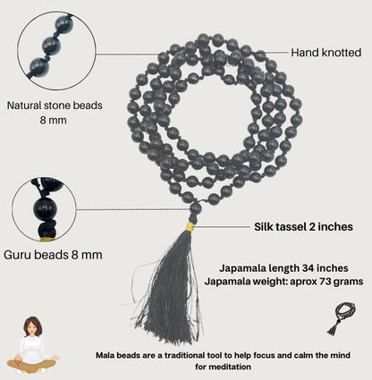GEMSCITE Japa Mala 108 Prayer Beads Perfect for Meditation Spiritual Mala Necklace & Wrist Mala Bracelet - color: Black Agate, size: Hand Knotted