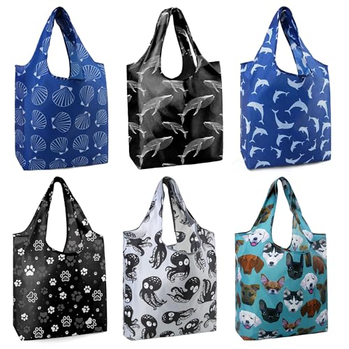 BeeGreen Animal Reusable Shopping Bags Cute Grocery Bag 6 Pack, Christmas Gift Bags Heavy-Duty Foldable Shopping Totes for Supermarket, Work & Travel, Large Washable Polyester Tote Bag with Handles - color: Blue, gray, black, green