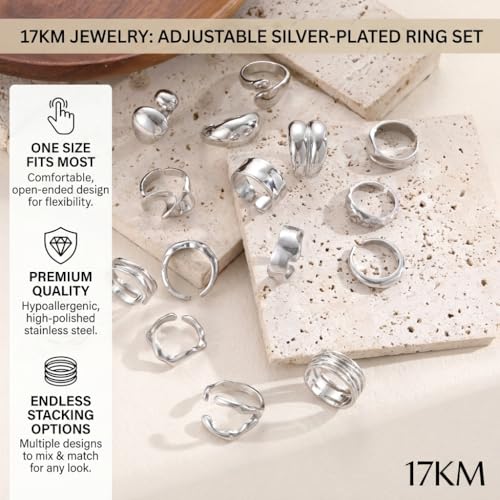 16 PCS Gold Chunky Rings Set for Women, 14k Gold Plated Thick Dome Stackable Open Rings Trendy Dainty Minimalist Jewelry Gifts - color: 03-Silver