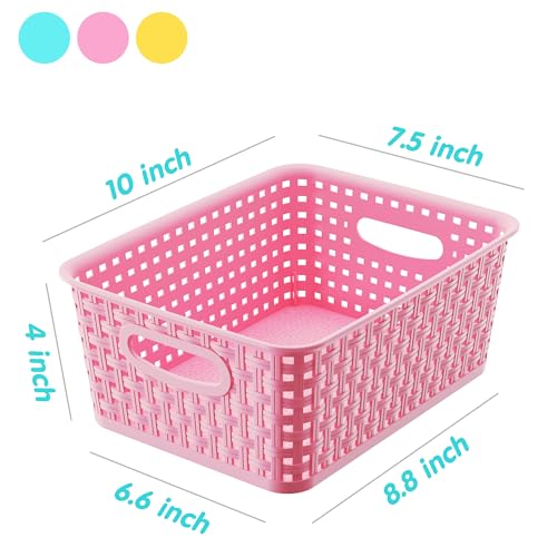 Colorful Small Plastic Storage Woven Baskets, 6 Pack Versatile Shelf Organizer Weave Baskets for Classrooms, Children's Rooms & Pantries, Pink/Yellow/Blue-10x7.5x4 inch