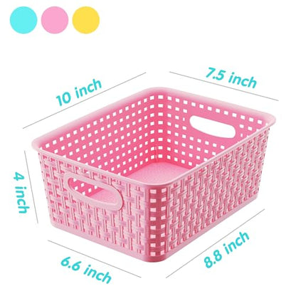 Colorful Small Plastic Storage Woven Baskets, 6 Pack Versatile Shelf Organizer Weave Baskets for Classrooms, Children's Rooms & Pantries, Pink/Yellow/Blue-10x7.5x4 inch