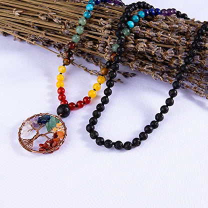 Bivei 108 Mala Beads Necklace Life Tree 7 Chakra Wrap Bracelet Real Healing Gemstone Yoga Meditation Hand Knotted Mala Prayer Bead Necklace - color: Lava Rock Stone, size: 6mm
