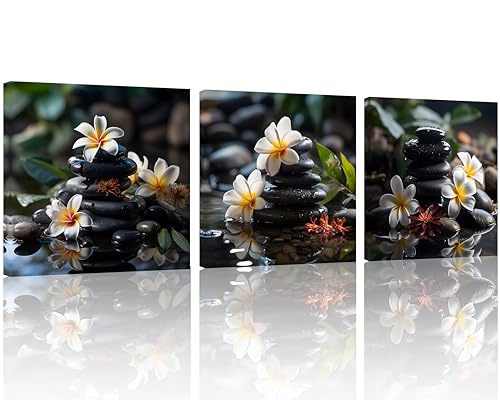 TutuBeer 3 Pcs Zen Wall Art Zen Pictures for Bathroom Spa Stone with White Flower Picture Prints on Canvas Spa Pictures Wall Decor for Home Decor Stretched and Framed Each Panel 12x12inch - color: Spa Stone with White Flower, size: 12x12inchx3