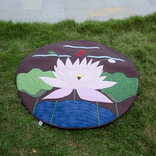Handmade Lotus Applique Meditation Rug, Round Quilted Floor Mat, 43.3 Inch Cotton Patchwork Decor Rug for Yoga, Zen Space & Living Room