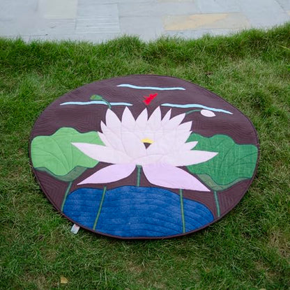 Handmade Lotus Applique Meditation Rug, Round Quilted Floor Mat, 43.3 Inch Cotton Patchwork Decor Rug for Yoga, Zen Space & Living Room