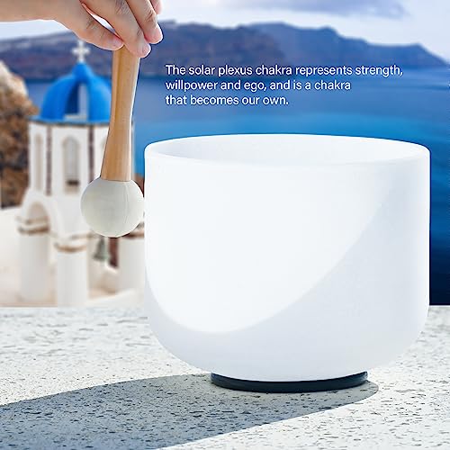 Singing Bowl 8 Inch E Note Solar Plexus Chakra Frosted Quartz Crystal Sound Bowl Mallet and O-ring For Sound Healing Meditation - color: white 3, size: 8"E