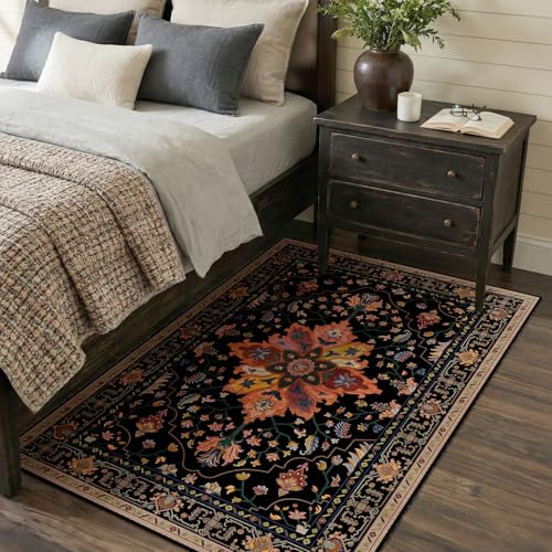 RELEANY Area Rugs 3'x5' Washable Non-Slip, Floral Vintage Distress Medallion Carpet for Living Room Bedroom Dining Room, Black Colorful Floral Dark Tan - color: Black/Colorful, size: 3' X 5' (Rectangular)