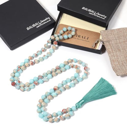 8MM Beads Chakra Long Mala Necklace Natural Stone Meditation Statement Necklace Japa Yoga Buddhist Rosary Prayer Charm Beaded Tassel Necklace - color: Shoushan Stone