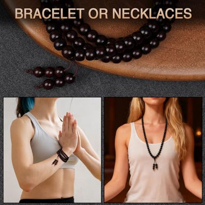 108 Mala Bead Bracelets, Buddha Sandalwood Bracelet, Handmade Prayer Meditation Strand Elastic Necklaces, Comfortable for Daily Wear Yoga Gift for Men Women - color: 6x8 mm