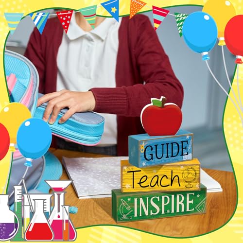 Yuntau 4 Pcs Teacher Appreciation Gift Wooden Apple Table Decoration Guide Teach Inspire Block Sign Apple Tiered Tray Decor Graduation Back to School Teachers Gift for Office Classroom - style: Apple