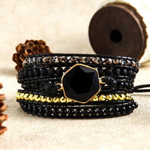 Handmade Boho Wrap Bracelets Natural Turquoise Crystal Stone Variety Beaded Strand Bracelet - color: Obsidian