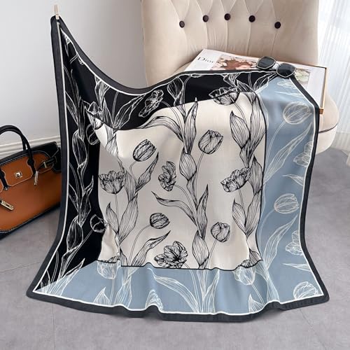 35" Head Scarf Large Square Scarf Like Cotton Hairscarf Fashion Scarves Bandana Night Sleeping Wraps for Women B01 - color: Black/Blue Tulips