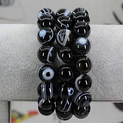 Keleny Semi Precious Stones Natural Gemstones 12mm Round Beads Crystal Stretch Bracelets 7 Inch Unisex - color: Black Striped Agate