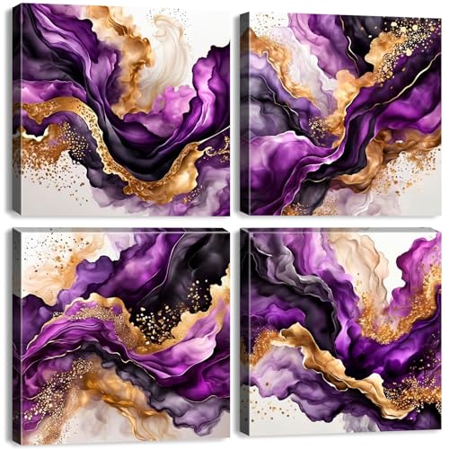 Purple Wall Art Bathroom Abstract Gold and Purple Marble Texture Pictures Wall Decor for Living Room Colorful Fluid Lines Painting Canvas Print Fantasy Modern Artwork Bedroom Home Decoration 12x12” 4P - color: Abstract Purple, size: 12"L x 12"W