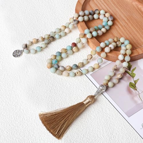 8mm 108 Mala Beads Wrap Bracelet Necklace for Yoga Charm Bracelet Natural Gemstone Jewelry for Women Men - color: Wood with Lotus