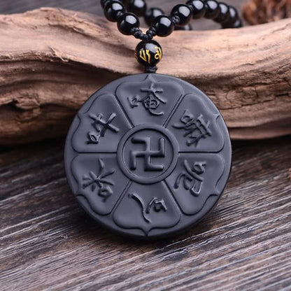 Black Obsidian Necklace Protection Pendant with Extended Bead Chain Healing Crystal Stone Amulet Necklace for Men Women - color: Daming Mantra