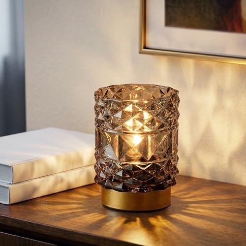 MJ PREMIER Battery Operated Lamp with Timer, Cordless Table Lamps for Shelf Decor, Rhombus Texture Aesthetic Crystal Lamp, Small Decorative Lamps for Bedroom/Bathroom/Kitchen/Entryway/Dorm (Grey) - color: Gray, size: 1 pack
