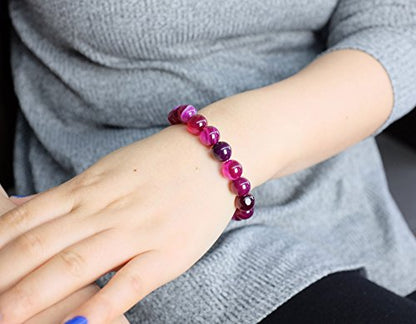 Falari 10mm Natural Semi Precious Gemstone Stretch Bracelet Unisex - color: Fuchsia Agate