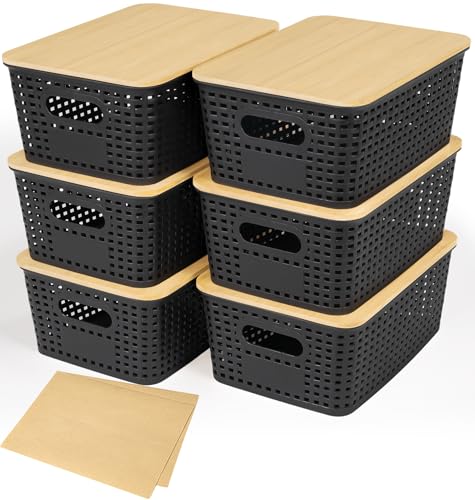 6 Pack Plastic Storage Baskets With Bamboo Lid, Stackable Storage Baskets for Organizing Desktop Closet Shelves Drawers Pantry Organization Office Playroom Classroom (Black) - color: Black