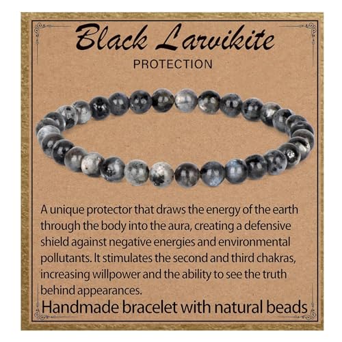 LPBeads Handmade Natural Gemstone Stretch Elastic Bracelet Healing Crystal Round Stone Beads Jewelry Gifts for Women Men - color: Black Larvikite, size: 6mm