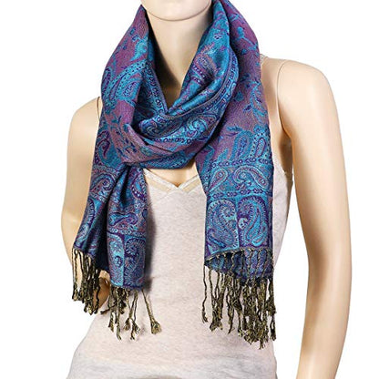 Falari Women's Reversible Paisley Pashmina Shawl Wrap Scarf For Evening Dresses Festivals Any Occasions All Seasons 80"x27" - color: Style 1 - Teal & Purple